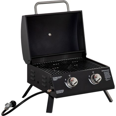 Barbecue à gaz de table à 2 brûleurs, chariot de transport, filet de cuisson, petit barbecue à gaz de table pour pique-nique, avec régulateur de pression, tuyau d'arrosage, acier inoxydable, noir, 55 