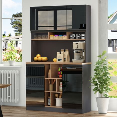 105×45×185cm,moderner Küchenschrank,Buffet,Sideboard,Grau und Schwarz,Metallgriffe,verstellbare Regale,Schubladen,offener Stauraum,Kippschutzzubehör,geeignet für Küche,Wohnzimmer und Schlafzimmer