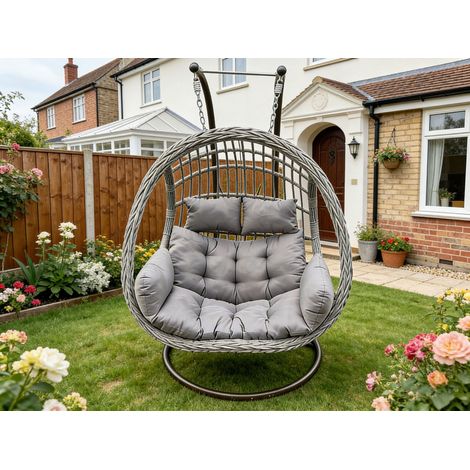 Fimous Indoor Outdoor Patio Rattan Two Seater Egg Hanging Chair Garden With Grey Thick Cushion