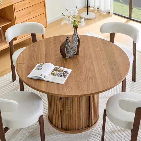 Table de salle à manger ronde-bord bois massif-2 compartiments rangement-style champêtre moderne-120x120x75,5cm (1/5)