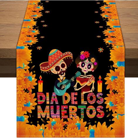 Chemin de table mexicain pour la Fête des Morts, motif floral et crâne, décoration d'Halloween pour salon ou meuble TV - 30 x 180 cm (polyester) - WSJZQ-13