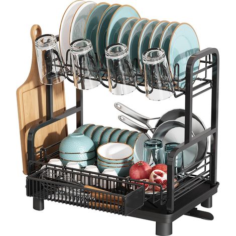 1 - Égouttoir Vaisselle - Acier Inoxydable - 2 Niveaux avec Drainage Automatique et Rotation 360° pour Cuisine Noir 37,5x27,5x40cm (1/5)
