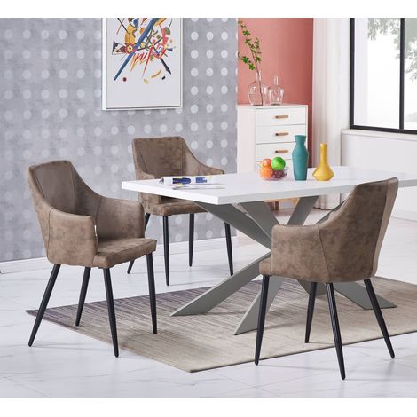 Duke LUX Zarah Dining Set - un tavolo da pranzo in legno bianco e un set di 4 sedie da pranzo in pelle marrone chiaro - Sala da pranzo Cucina (1/5)