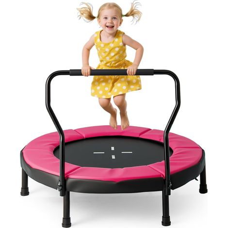 Trampoline Exterieur Enfant Ø102 cm, Trampoline Interieur Exterieur avec Barre de Poignée, 30 Ressorts Charge 100 kg(Rose) (1/3)