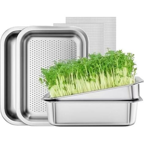 Kit de germination 2 pièces avec tamis en acier inoxydable, plateau de germination 2 en 1 pour la culture de germes, plateau de culture 26 x 19 cm à double capacité pour germes, herbe à chat, cresson
