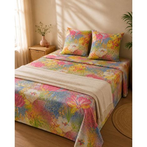 Parure de lit Fleurie Polycoton – Drap 240x310 cm + 2 Taies 60x60 cm - 240x310cm - Fuchsia (1/2)