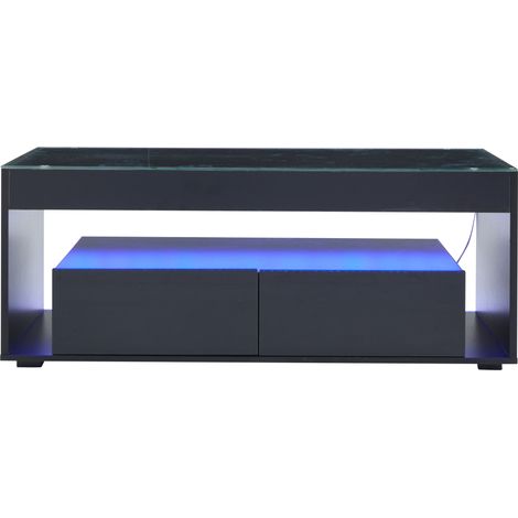 Table basse moderne noire avec éclairage LED, double plateau en verre trempé, 2 grands tiroirs, 100 x 50 x 40 cm (1/5)