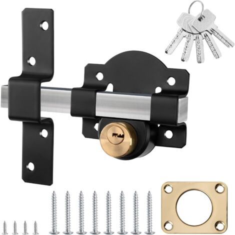 Verrou Porte Exterieur avec Clé Serrure de Portail à Longue en Acier Inoxydable Serrure Porte de Garage avec Clé Noir (1/5)