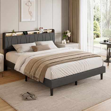 Lit Double Rembourré 160x200 cm, Lit 2 Place avec LED et USB, Lit adulte avec Sommier à Lattes, Lit Enfant pour Adolescente Adult Fille, Lin, Gris (1/5)