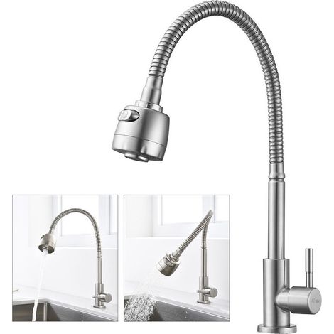 Mitigeur de Cuisine Mémoire de Forme Robinet Simple d'Eau Froide à Ressort Mitigeur d'Evier 2 Jets aux Choix en Acier Inox Brossé (1/5)