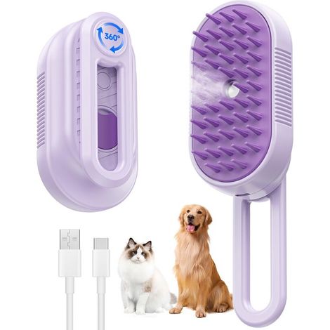 Brosse à Vapeur 4-En-1 pour Chats & Chiens - Rechargeable - Antistatique, Massage, Nettoyage, Épilation & Brossage - 1 Pièce (1/5)