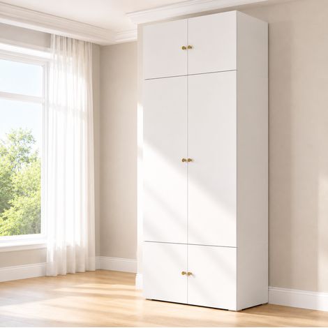 Armadio guardaroba 90x50x200 cm, 1 appendiabiti e 5 vani, pannello truciolare bianco, pomelli dorati (1/5)