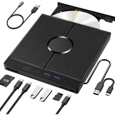 Lecteur DVD externe pour PC, lecteur DVD externe avec carte SD/TF, graveur DVD portable, lecteur CD externe pour PC, pour MacBook, pour Windows 11/10/8/7/XP/OSX/Linux (1/5)