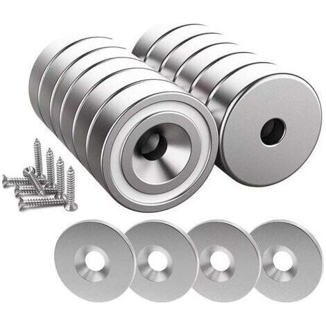 12 Neodym-Magnete, 10 kg Haltekraft, 20 x 7 mm mit Loch und Kappe, Topfmagnet gefräst mit Schraube und 12 Stahlscheiben (hell silber) (1/4)