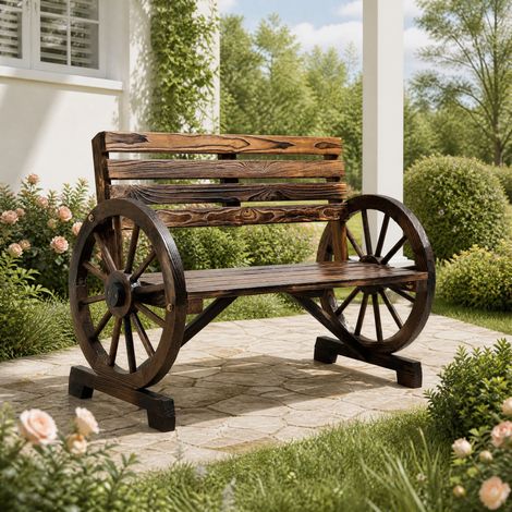 Banc de jardin 2 places rustique en bois avec accoudoirs style roue, dossier large, 105,5 x 56 x 79 cm, brun, CHICFURN (1/5)