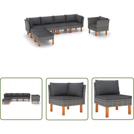The Living Store Salon de jardin 7 pcs Résine tressée et bois d'eucalyptus Gris - Salon De Jardin - Mobilier De Jardin - Set De Salon De Jardin - Résine Tressée - Bois D'eucalyptus (1/5)