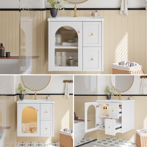 Wandmontierter Badschrank mit Keramikbecken, LED-Beleuchtung, geriffeltem Glastür & Metallgriffen, Waschbeckenunterschrank mit Soft-Closing, Schwarz/Weiß