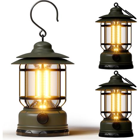 Linterna LED de camping (paquete de 3) - 1500 lúmenes, regulable sin límites - Recargable - Ligera, estilo retro - Para camping y emergencias - Verde (1/5)