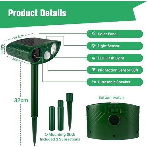 Katzenabwehrgerät, solarbetriebenes Haustierabwehrgerät, wasserdichtes Gartenabwehrgerät, Ultraschall-Haustierabwehrgerät mit LED-Blinklicht und PIR-Bewegungsmelder-Lautsprecher, zur Verwendung in Gär (1/4)