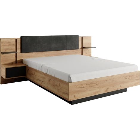 Vente-Unique – Lit avec chevets 140 x 190 cm – 2 tiroirs de rangement – Avec LEDs blanches – Coloris naturel et anthracite – Éco-responsable