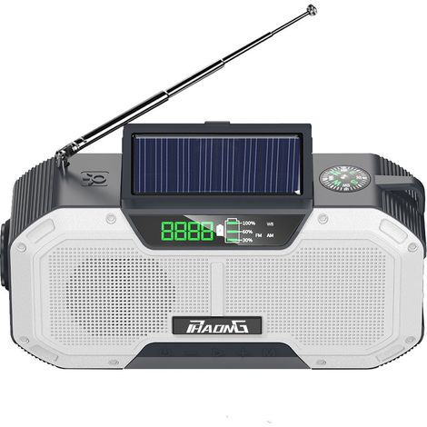 Radio d'urgence AM/FM/NOAA avec manivelle, lampe torche LED, batterie 2000 mAh, alarme SOS et chargeur USB pour le camping et les situations d'urgence. (1/5)