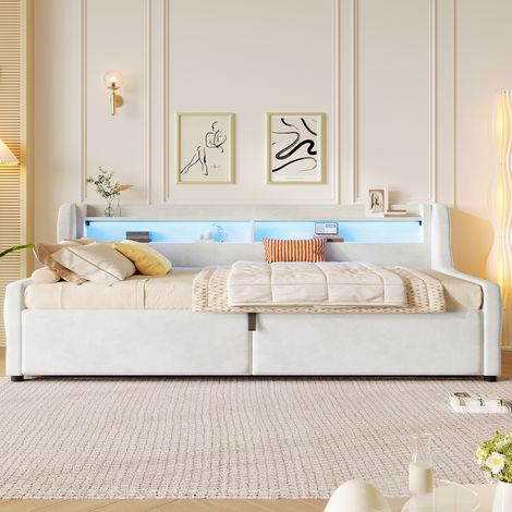 Lit plateforme velours beige 90x200, coffre hydraulique intégré, éclairage LED, sommier à lattes, rangement pratique, literie 2 places, design moderne (1/5)