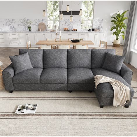 Divano angolare a L 280x136x82 cm grigio in chenille con contenitore e schienale ribaltabile con portabicchieri (1/5)