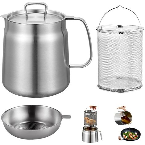 Freidora de acero inoxidable 304 con filtro de malla fina y cesta filtrante, recipiente para aceite multifuncional de 2 l con tapa antipolvo y asa para recipiente de grasa para freír. (1/4)