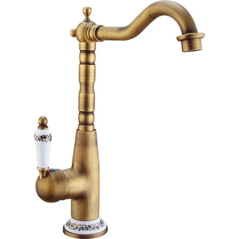 Robinet De Cuisine RéTro Doré, Robinet Monotrou Assis, Robinet D'Eau Chaude Et Froide, Cuivre, Adapté Au Robinet De Cuisine En Bronze (Style Haut) (1/5)