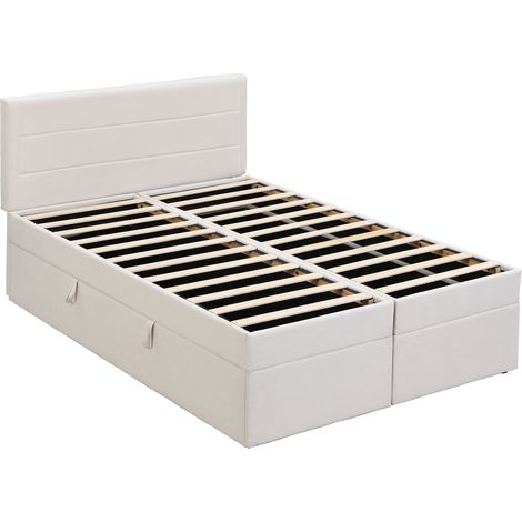 Cama doble tapizada con almacenaje 140x200 cm beige con somier de lamas metálico MODENUIT (1/5)