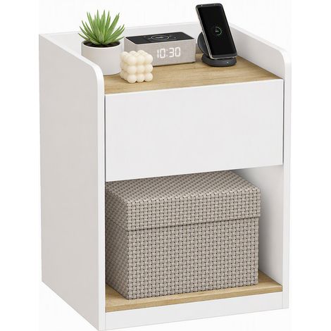 Table de chevet - HOMCOM - moderne, tiroir à glissières, niche, plateau, passe-câbles - bois - 42x37x55cm - blanc chêne (1/5)