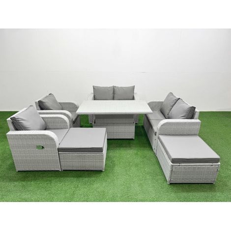 Fimous 8 Seater Outdoor Reclining Chair Love Sofa Set Rattan Garden Furniture Set with Adjustable Lifting Dining or Coffee Table 2 Big FootStools Light Grey (1/5)
