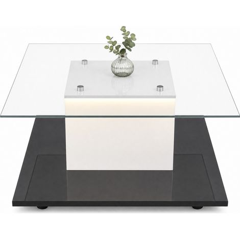 Table basse ronde en verre trempé bicolore noir et blanc, finition haute brillance, LED réglable via appli et roulettes, 80 x 80 x 40 cm - CHICFURN (1/5)