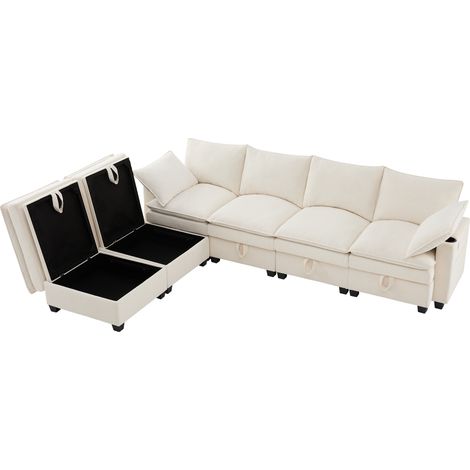 Divano angolare modulare L in velluto a coste beige con pouf e cuscini (1/5)