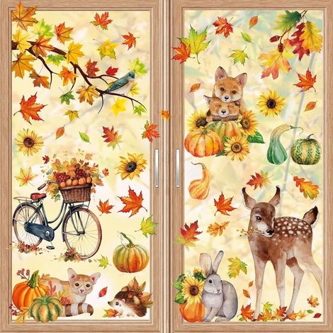 Autocollant statique double face avec citrouille et feuille d'érable pour Thanksgiving - Modèle D, ensemble de 9 pièces (1/5)