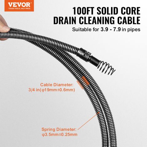 Câble de nettoyage de canalisations, 30 m x 19 mm, câble de tarière de vidange d'égout à noyau solide acier professionnel, 4 coupeu… (1/5)