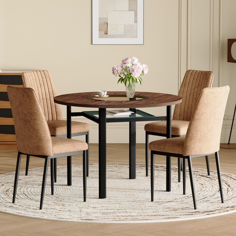 Tisch- und Stuhlset, runder Esstisch (85 cm Durchmesser) mit 4 braunen Stühlen. Ideal fürs Wohnzimmer.