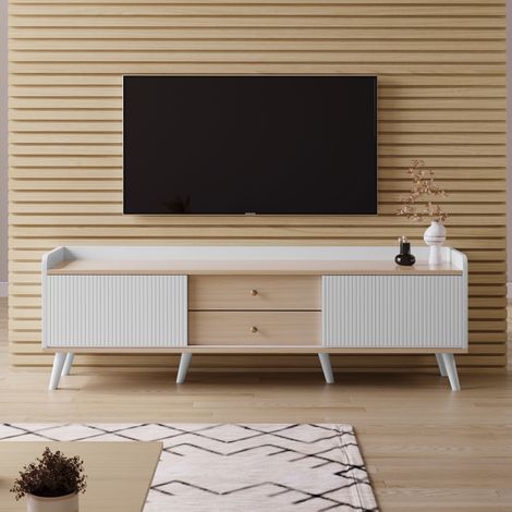 Meuble TV 160cm avec 2 tiroirs et 2 portes coulissantes - Blanc & Naturel (1/5)
