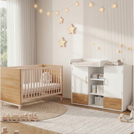 Lettino con fasciatoio, set camera bebè, 70 x 140 cm, naturale e bianco OKMYHOME (1/5)