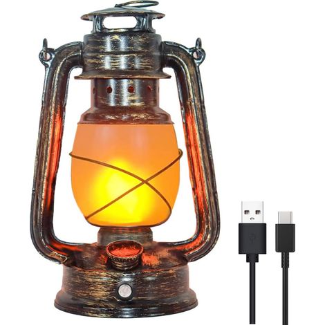 Lanterne Exterieur Rechargeable, Vintage Lanterne LED Extérieure Pour Jardin Camping Terrasse Deco, 3 Mode, Sans Fil, Retro Lampe Tempete LED avec Effet Flammes, Bronze
