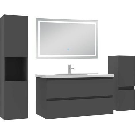 Ocean Ensemble meuble salle de Bain 100cm avec colonne et miroir mural lumineux 3 couleurs Anthracite (1/5)