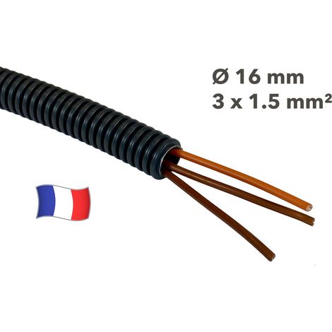 Gaine électrique préfilée 5 mètres diam 16 avec 3 fils Orange, Marron, Marron 1.5 mm² - PREFA ELEC (1/2)