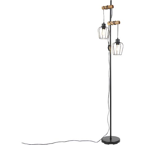 Ländliche Stehlampe schwarz mit Holz 2-flammig - Stronk