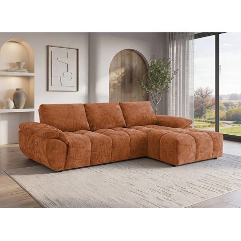 Deco In Paris – Canapé d’angle relax électrique en velours chiné terracotta – Assise généreuse – Dossier haut pour maintien – Accoudoirs larges – Style contemporain