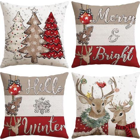 Fundas de cojín decorativas navideñas, 45 x 45 cm (juego de 4), con diseño de reno rojo y árbol de Navidad, ideales para la temporada navideña. Perfectas (1/5)