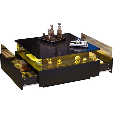 Table basse Noir, LED, 90 x 55 x 45 cm, particle board, moderne, pratique, avec rangement, pour salon, élégant (1/5)