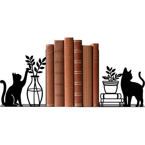 1 Paire de Serre-Livres en métal, Serre-Livres Chat Noir et Vase pour étagères, Supports pour Livres Robustes, Organiseur de Livres Original pour Accessoires d'étagères (Chat) (1/4)