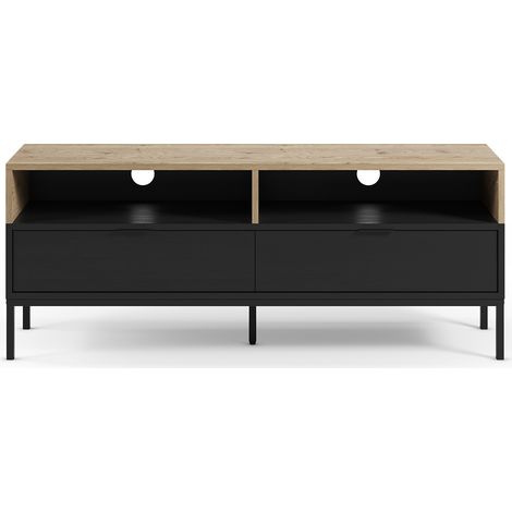 Meuble TV, Meuble de salon avec 2 tiroirs et 2 niches aspect bois coloris chêne, noir et pieds en métal - Longueur 140 x Profondeur 40 x Hauteur 55 cm (1/5)