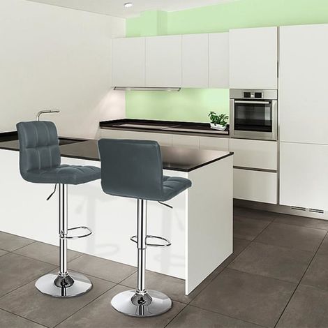 Hofuton Tabourets de Bar, Lot de 2, Chaises, Hauteur Réglable, Revêtement en PU, Pivotant sur 360°, sans Accoudoirs, avec Dossier et Repose-Pieds, Piètement Chromé, Gris (1/5)