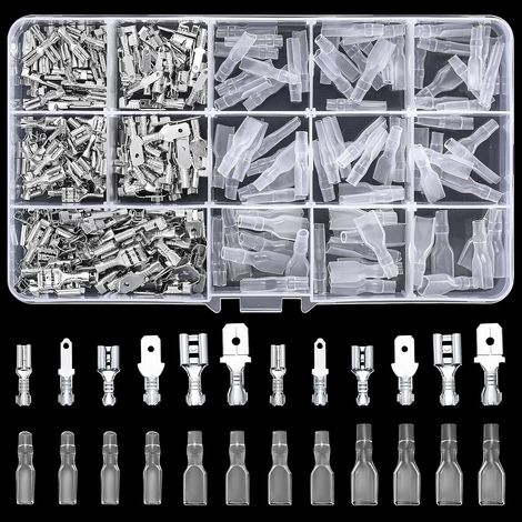 Kit di terminali piatti da 360 pezzi, set di terminali piatti, connettori piatti da 2,8 mm, 4,8 mm e 6,3 mm, maschio e femmina, connettori per cavi isolati, connettori elettrici a crimpare (1/5)